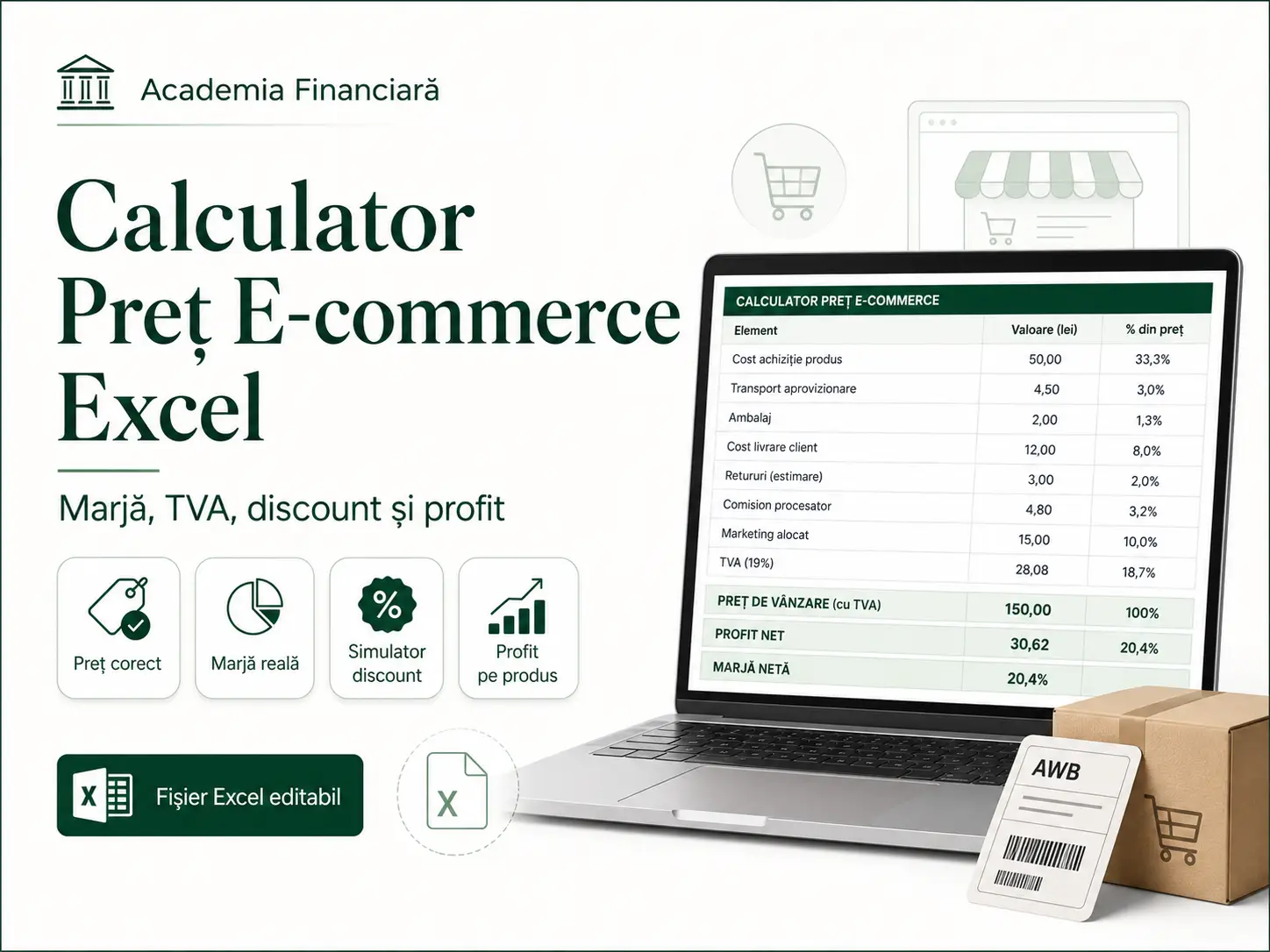 Calculator Preț E-commerce Excel – copertă produs Copertă produs digital Calculator Preț E-commerce Excel pentru marjă, TVA, discount și profit