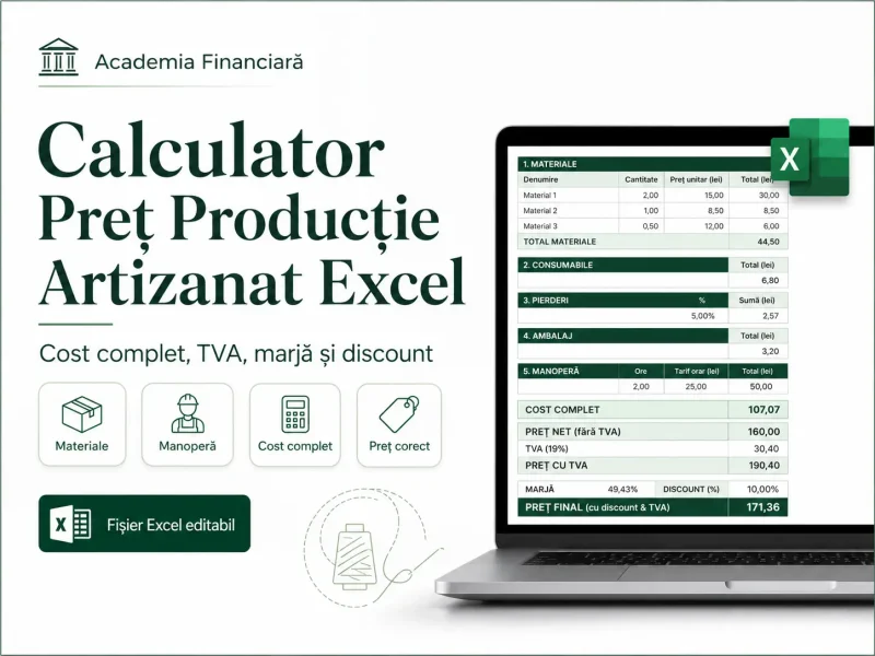 Copertă produs digital Calculator Preț Producție Artizanat Excel pentru cost complet, TVA și marjă