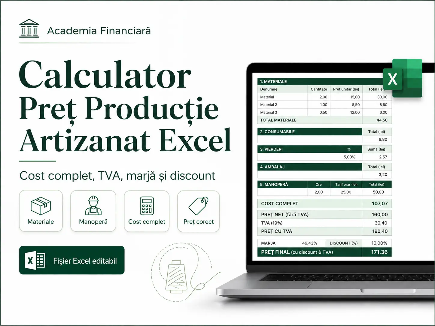 Calculator Preț Producție Artizanat Excel – copertă produs Copertă produs digital Calculator Preț Producție Artizanat Excel pentru cost complet, TVA și marjă