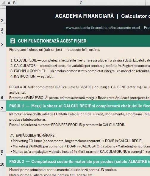 Calculator pret productie artizanat excel pentru cost complet marja TVA si discount