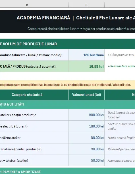 Calculator pret productie artizanat excel pentru cost complet marja TVA si discount