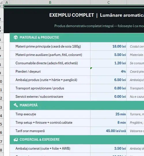 Calculator pret productie artizanat excel pentru cost complet marja TVA si discount